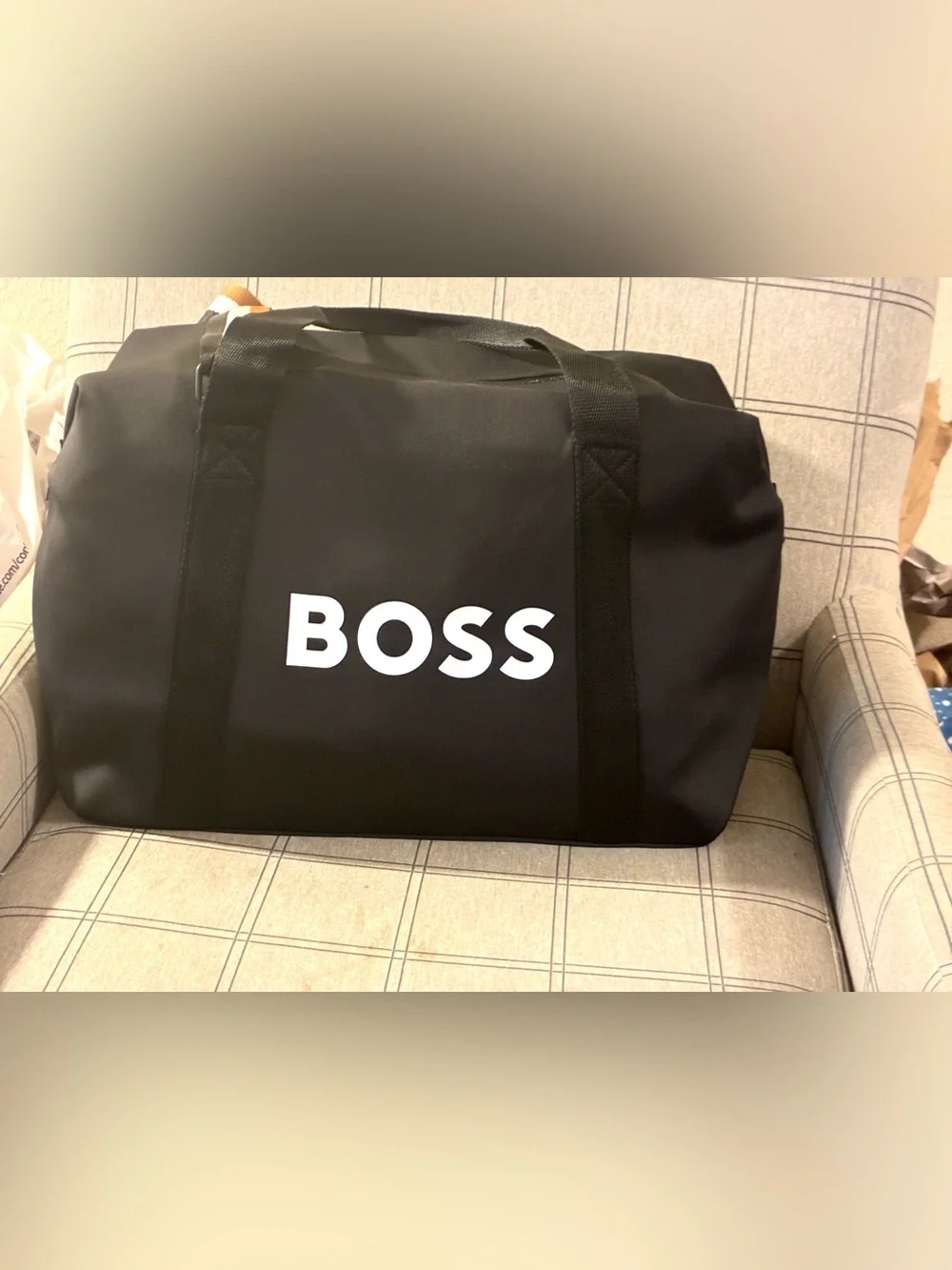 Ace!Hugo Boss Black Duffel Bag with White Logo and Royal Blue brown white strap